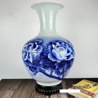 ราคา Jingdezhen Landing แจกันขนาดใหญ่สีฟ้าสีขาวแจกันดอกโบตั๋นมือวาดดอกไม้ใส่ห้องนั่งเล่นงานฝีมือโรงแรม (54561399424)