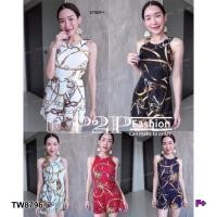 ราคา GN8796 Jumpsuit จั้มสูทแขนกุดไหล่ล้ำ เนื้อผ้าวูลเวฟ พิมพ์ลายโซ่ (2191439747)