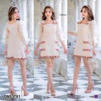 ราคา PE13781 Dress เดรสแขนยาว แขนพองผ้าแก้วซีทรู (18449773884)