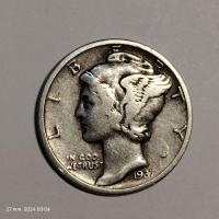 ราคา เหรียญ 10 เซนต์ อเมริกา เนื้อเงิน ปีเก่า 1937 หายาก (1937 US Mercury Dime) (27001518904)