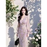 ราคา เดรสลายดอกไม้ผ้าชีฟองสีม่วงผู้หญิงเข้ารูปยาวเอวแคบ (57150206786)