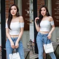ราคา เสื้อครอป ปาดไหล่ เกาะอกต่อแขน (7330278615)