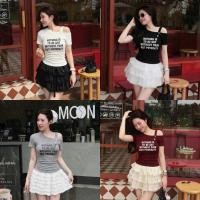 ราคา LT - เสื้อยืดเปิดไหล่ผู้หญิงมีตัวอักษรผ้าซิปนิ่มใส่สบายฟรีไซส์ 1688 (57458850450)