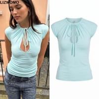 ราคา LIZMOMO Hollow Out Crop Top, Drawstring Slim Fit Keyhole Cutout Top,Y2K Style Lace Up Short Sleeve Tie Front Top Summer Wear (49110859812)