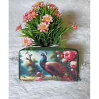 ราคา กระเป๋าสตางค์หนังปลากระเบนแท้ ซิปรอปเดี่ยวลายนกยูงสีเขียว (58058595139)