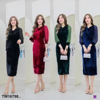 ราคา TW16798 เดรสกำมะหยี่ แขนยาวแต่งแขนชีฟอง (18973081936)