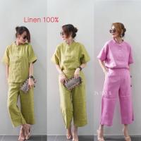 ราคา ชุดเซ็ตเสื้อ+กางเกงผ้าลินินแท้100%เสื้อคอจีนแมซต์กางเกง8ส่วนฟรีไซส์✅ (41900449803)