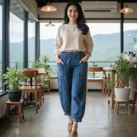 ราคา กางเกงผ้าฝ้ายกางเกงสาลู ผ้าฝ้ายทำหินขัด (Stone Wash) ขากว้างจั๊มปลายขา มีกระเป๋า ผ้าเนื้อนุ่มมาก ๆ (24370408445)