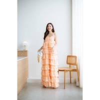 ราคา เดรสยาวสายเดี่ยวลายสก็อตส้มแต่งระบายชั้นๆ (28965999303)