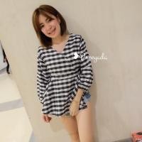 ราคา New in เสื้อลายสก็อตคอวีจั้มเอวแขนยาวแต่งจั้มปลายแขน (454255174)
