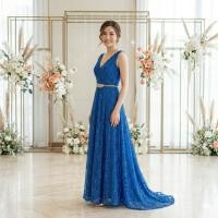 ราคา ชุดราตรียาวแขนกุด คอวี ชุดไปงานแต่งกลางคืน ชุดราตรีคนอ้วน สวย ผอม หรู PF068สีน้ำเงิน (22480109582)