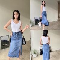 ราคา ninn jeans nn412 (6585) กระโปรงยีนส์ เอวสูงผ้าไม่ยืด ขอบเอวแต่งกระดุม 2 เม็ด งานพรีเมียมนำเข้า (24392138707)