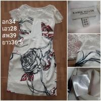 ราคา Karen Millen England dress เดรสขาวลายเส้นกุหลาบตัดต่อลูกไม้ช่วงอก (20384517170)