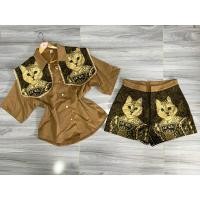 ราคา ส่งต่อเซ็ท2ชิ้น เสื้อแขนสั้นแต่งปก+กางเกงขาสั้น งานผ้าทอสีน้ำตาล คอลเล็คชั่นแมว งานยุโรปตามหา ไซส์L งานป้าย widelia (29329633357)