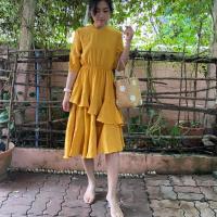 ราคา เดรสยาว ชายระบาย2ชั้น สีเหลืองมัสตาร์ด เอวยางยืด (7443710773)