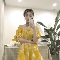 ราคา เดรสเปิดไหล่ สายเดี่ยว เปิดไหล่ได้ ขึ้นไหล่ได้ ลายใบไม้ สีเหลือง (22747085863)
