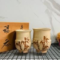 ราคา แก้วน้ำชาดินเผา Hagiyaki ลายต้นไผ่ เซ็ต 2 ชิ้น มือสอง จากญี่ปุ่น (27887210392)
