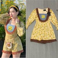 ราคา (m,3xl,4xl) จั๊มสูทขาสั้น จั๊มสีเหลือง ลายดอกทานตะวัน งานปัก ป้าย chalita (27384291972)