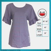 ราคา USED Suika แตงโม - Pink Striped Ruffle Top | เสื้อแขนสั้นสีชมพู สีฟ้า เสื้อแขนระบาย ลายทาง ทำงาน แท้ มือสอง (21073803939)