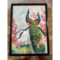 ราคา ภาพวาดนกยูงคู่ ภาพวาดสีน้ำ ขนาดA3/29.7 x42 cm พร้อมกรอบ แขวนได้ตั้งได้ แข็งแรงทนทาน (28124765992)