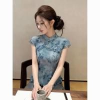 ราคา Neo-สไตล์จีน Modified Qipao Top, Blue Ink Floral Print Slim-Fit Short Sleeve Blouse (41730505948)