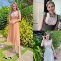 ราคา CH17541✨เดรสแขนกุดไหล่ระบายอกแต่งลูกไม้ (19809906209)