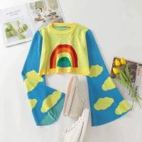 ราคา ครอปไหมพรมสีฟ้าสด ลายสายรุ้งและก้อนเมฆ TD แขนยาวปลายแขนบานditfbh' (3016177175)