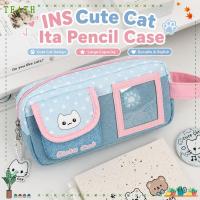 ราคา ชาธ กระเป๋าใส่ปากกา,ผ้ายีนส์เย็บปะติดปะต่อกันดินสอความจุขนาดใหญ่,แบบพกพาแมวดาวพิมพ์เครื่องเขียนออแกไนเซอร์กระเป๋าโรงเรียนสํานั (48562856357)