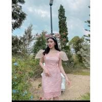 ราคา เดรสผ้าลูกไม้นิ่มแขนแต่งผ้าแก้วมือ1(สีชมพูกะปิ) (19675610264)