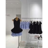 ราคา |สไตล์| เซทเสื้อสีดําปกบาน+กระโปรงลายสก๊อตชั้นๆ (50711629890)