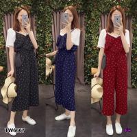 ราคา TW6667 Set 2 ชิ้น เสื้อชีฟองแขนสั้นสีขาว+เอี๊ยมจั้มสูทสายเดี่ยวขายาว ลายจุด (1407850293)
