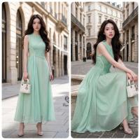 ราคา French Korea เดรสแขนกุดสีเขียวมิ้นใส่ออกงาน แต่งดีเท็ลจีบย่นช่วงเอว สีเส้นลายตัดขอบ ผ้าพริ้วใส่สวยมากๆ Pisamai (51612577508)