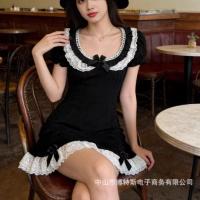 ราคา French Lace Stitching Slim-fit Slimmer Look Gentle Girly Style Bow Round Neck Short Sleeve Dress (54910654631)