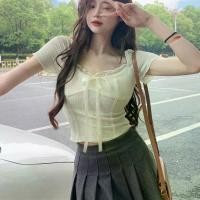 ราคา ลูกไม้ลูกไม้ฤดูร้อนใหม่โบว์แขนสั้นบวกขนาดเกาหลีหลวมสั้นฤดูร้อนสำหรับสุภาพสตรี (55110991235)