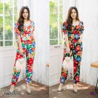 ราคา TW13517 Set #สาวอวบ เสื้อครอปแขนพอง+กางเกงขายาว ลายดอก (4253193544)