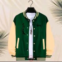 ราคา Haye Fashion - เสื้อแจ็คเก็ตเบสบอล Unisex ปุ่ม Stussy Text Japan Black Varsity Zipper Jacket (27825146396)
