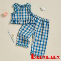 ราคา Bab-Baby Girl Floral Plaid Frill Trim Ruffle Tank Tops กางเกงเอวยางยืดชุดฤดูร้อน (29285244776)