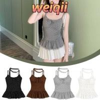 ราคา WEIQII Camisole Slim-fit , Polka Dot Bow Camisole Tank, Lace Scarf V คอริบบิ้นเสื้อกั๊ก Top (44914876357)