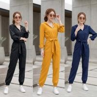 ราคา ชุดจั๊มสูทแขนยาวสีดำ สีเหลือง สีน้ำเงิน ผูกเอว ใส่สบาย แต่งหมวก สวยมาก ลุดเท่ห์ๆ พร้อมส่ง (51012596217)