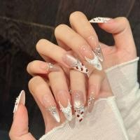 ราคา ทําด้วยมือกดบนเล็บแมวเปลือยตากับลูกไม้สีขาวเสือดาวพิมพ์มุกและ พลอยเทียม เล็บปลอมหรูหรา (51663144369)
