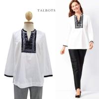 ราคา RSVP by Talbots Gift Crisp White Black Beaded Tunic Blouse (25271175261)