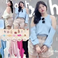 ราคา สาวอวบ เสื้อคอกลมผูกโบว์ที่หวานๆ เว้าช่วงไหล่เซ็กซี่ไปอี๊กกก แขนยาวจั้มปลายแขนแมชกัFB-SH-00004 (23434801453)