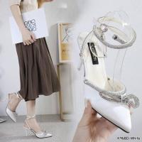 ราคา K9680 รองเท้าเจ้าสาว รองเท้าแฟขั่น ส้นสูง 3 นิ้วหัวแหลม แต่งโบว์เพชร สายรัดข้อเท้าเพชร (23940825690)
