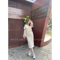 ราคา กระโปรงทรงสอบเอวสูง สีขาวออฟไวท์ ผ้ายีนส์ยืด (25258773297)