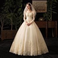 ราคา Women Champagne Wedding Dress Long Sleeve Off Shoulder Slim A-line Dress Luxury Embroidery Lace Bri (27953598531)