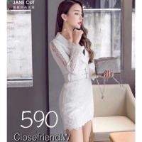 ราคา เดรสสั้นผ้าลูกไม้แขนยาว+เข็มขัด (5576590685)