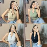 ราคา Crop top คล้องคอซิปหน้า ซิปสามารถรูดขึ้นลงได้ ผ้าไหมพรมใส่สบาย (4039148845)