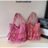 ราคา TONFASHION Tote Bag กระเป๋าสะพายหูรูดลายสก๊อตสไตล์เกาหลีความจุขนาดใหญ่ใบบัวกระเป๋าผ้าใบลําลองสาว (56464403649)
