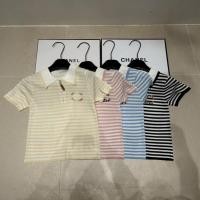 ราคา C.h---a Simple and versatile color-blocked striped knit women's short-sleeve top with fashionable straight shoulders polo Collared top, new summer style (50211061596)