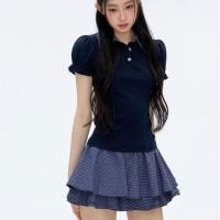 ราคา [ส่วนลดเต็ม Amount] Girls Mind Youth Preppy Style polo Collar Puff Sleeve ปลอมสองชิ้น Top + A-Line Checked Short Skirt Suit (57964871194)